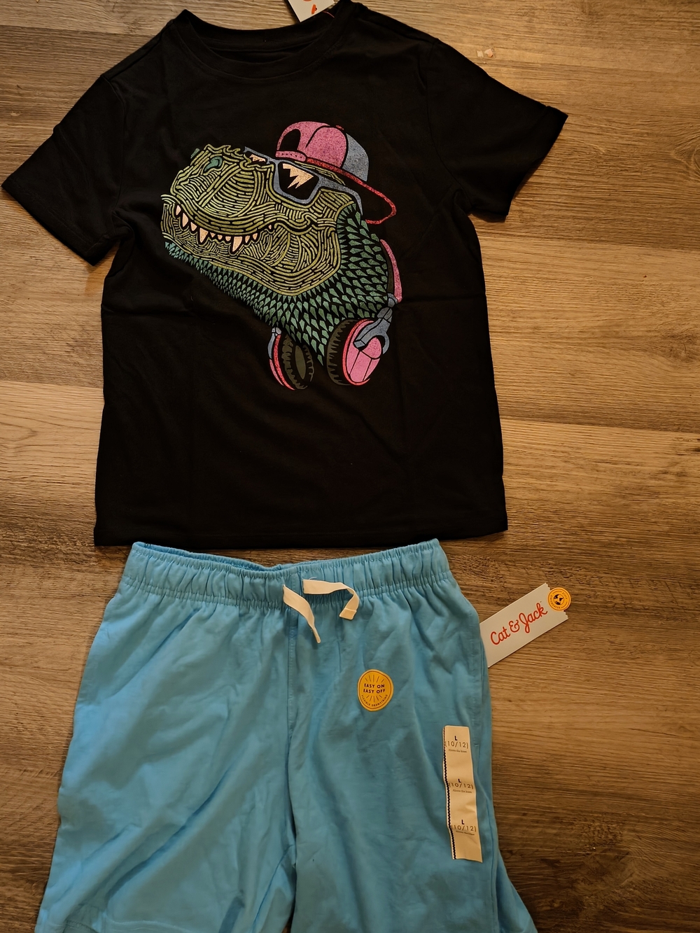 Cat & Jack Kids' Black Graphic Dino Top and Blue Shorts Set